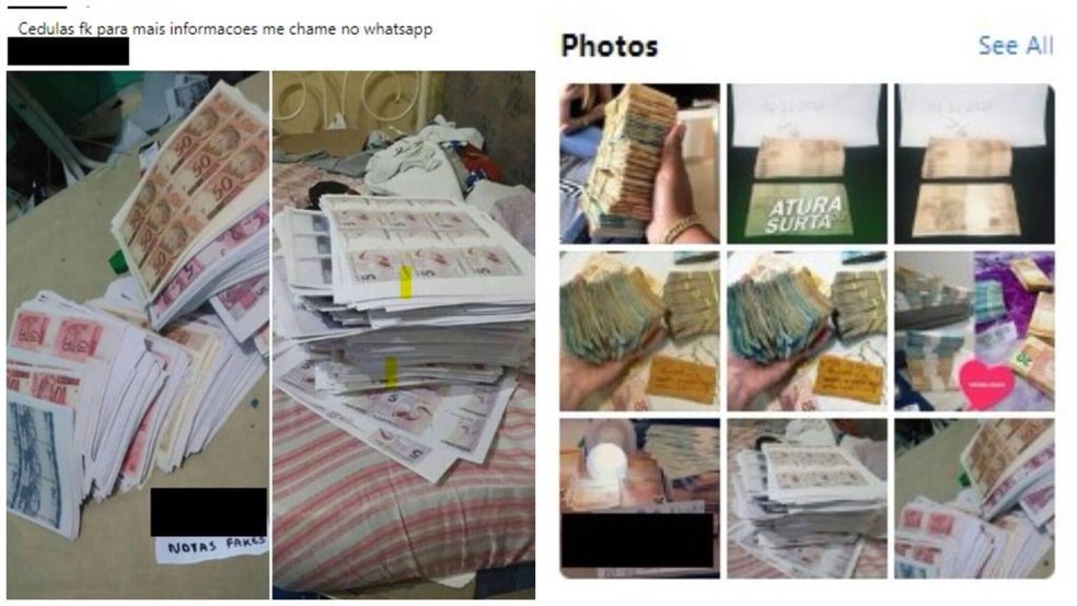 Anúncios de vendas de notas falsas em rede social — Foto: Reprodução/Facebook