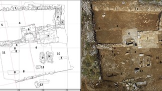 Mapa e imagem aérea da trincheira superior do túmulo   — Foto:  Projeto de Pesquisa Arqueológico de Sagalassos