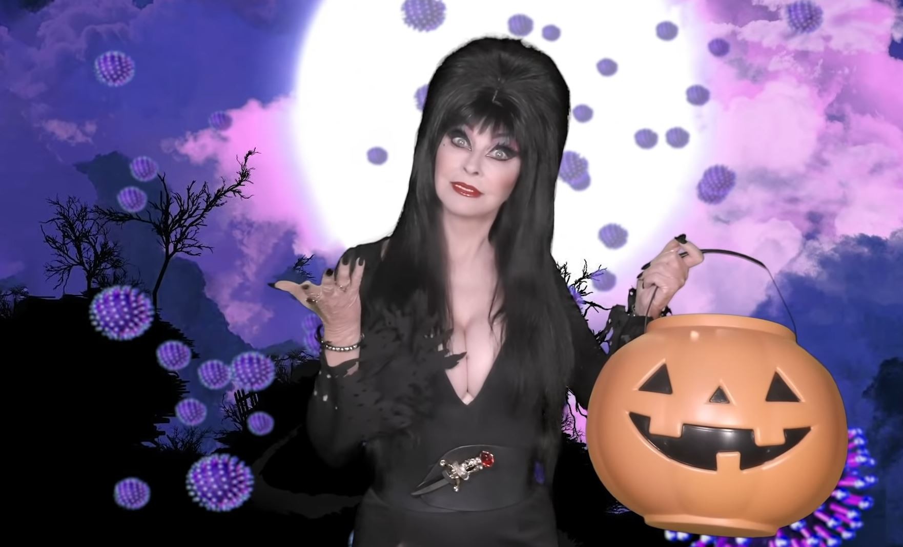 Cassandra Peterson como Elvira: A Rainha das Trevas em vídeo com paródia sobre a pandemia de coronavírus (Foto: YouTube)