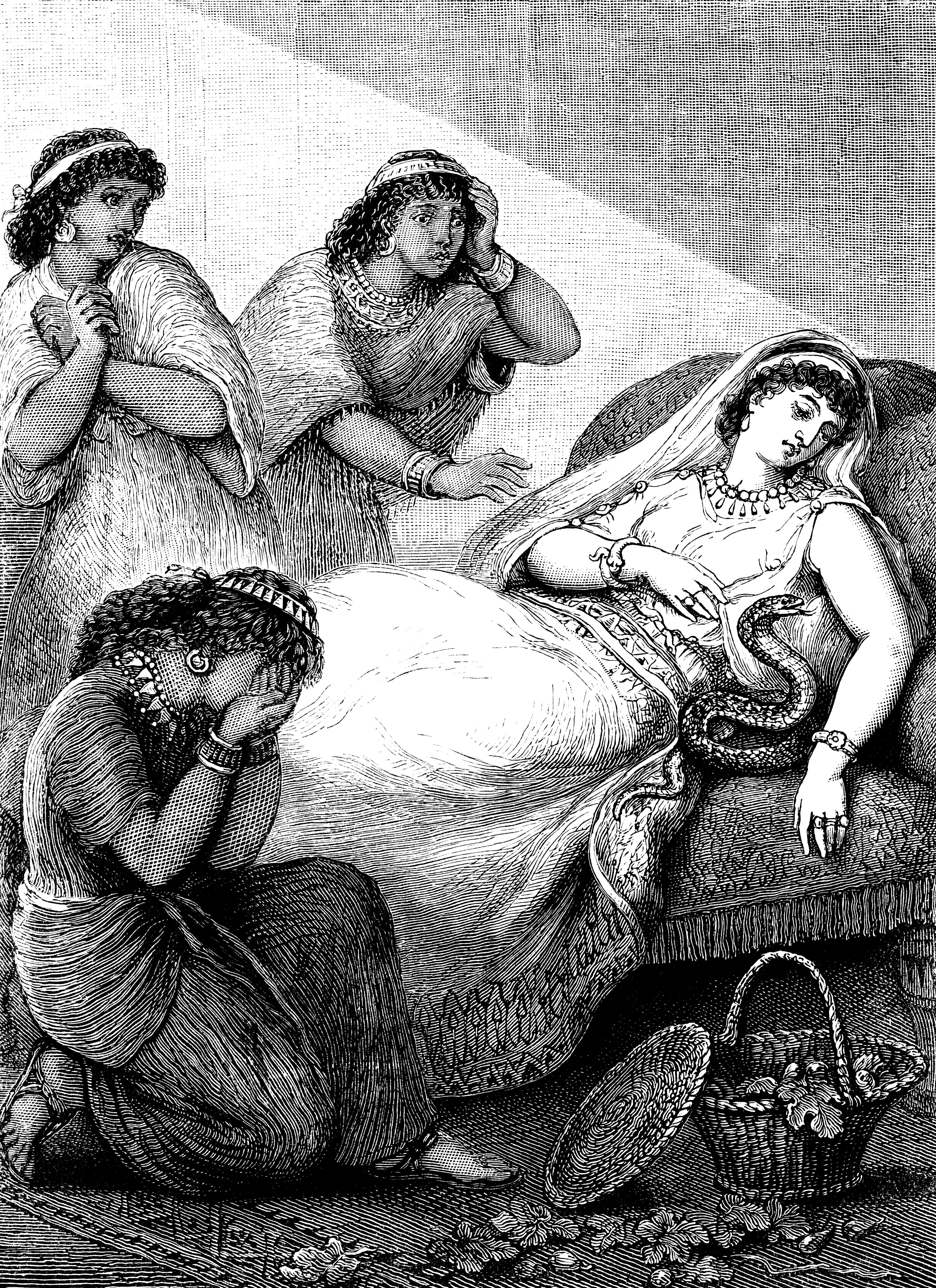 A rainhe egípcia Cleópatra retratada em seu leito de morte em arte de uma revista infantil inglesa do final do século 19 (Foto: Getty Images)
