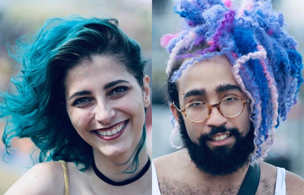 Priscilla e Arthur exibem seus cabelos coloridos no Lollapalooza 2019 (Foto: Rafael Cusato/Ed. Globo)