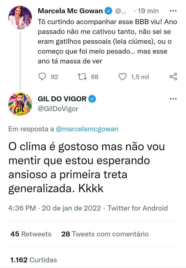 Gil do Vigor diz estar ansioso pela 1ª treta do BBB 22 (Foto: Reprodução/Twitter)