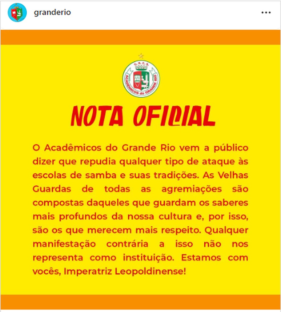 Comunicado da Grande Rio — Foto: Reprodução