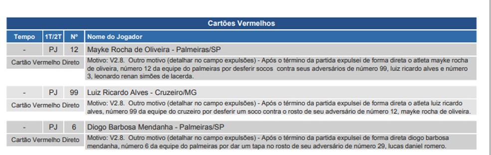 Súmula de Cruzeiro x Palmeiras, segundo jogo da semifinal da Copa do Brasil — Foto: Reprodução / site da CBF
