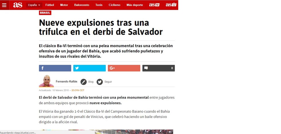 Na Espanha, o AS divulgou que o clássico terminou "com uma briga monumental" (Foto: Reprodução)