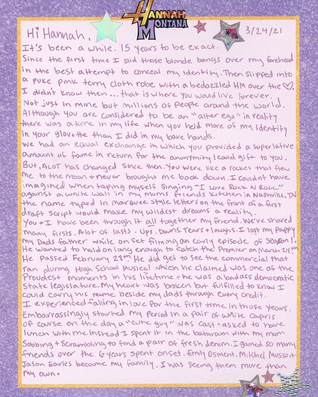 Miley Cyrus escreve carta para Hannah Montana (Foto: Reprodução/Instagram)