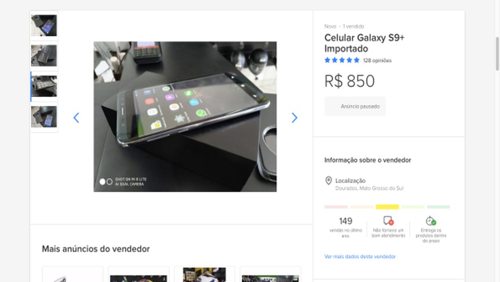 Clone de Galaxy S9 traz barras pretas na parte superior e inferior como em versões falsificadas anteriores — Foto: Reprodução