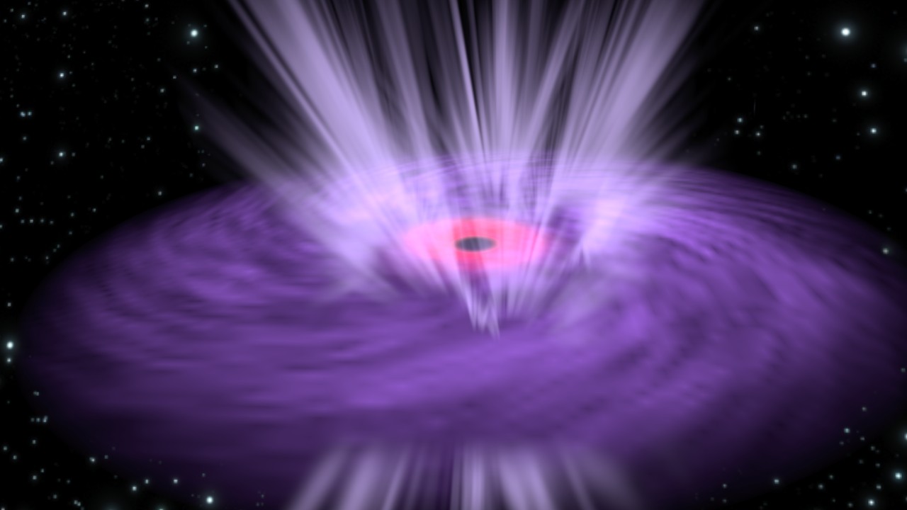 Concepção artística ilustra buraco negro supermassivo: a porção interna (cor-de-rosa) representa as emissões de raios X e em roxo estão os ventos que emanam do disco (Foto: European Space Agency / reprodução)
