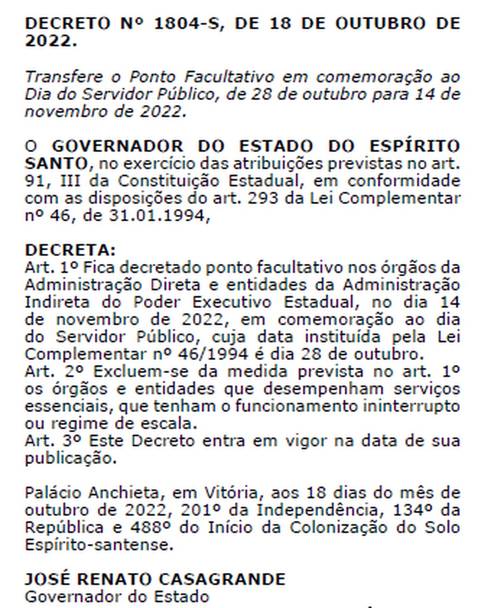 Decreto transfere ponto facultativo do Dia do Servidor Público para 14 de novembro no ES — Foto: Reprodução/Diário Oficial ES