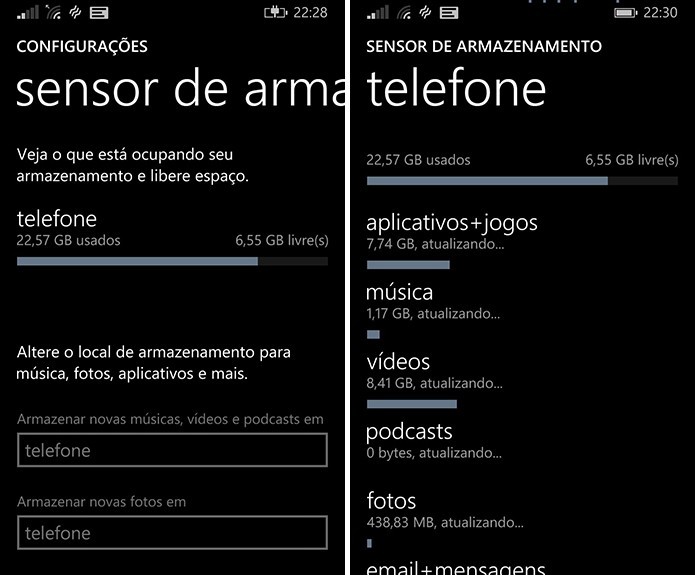 Sensor de armazenamento do Windows Phone pode indicar o que ocupa memória do telefone (Foto: Reprodução/Elson de Souza)