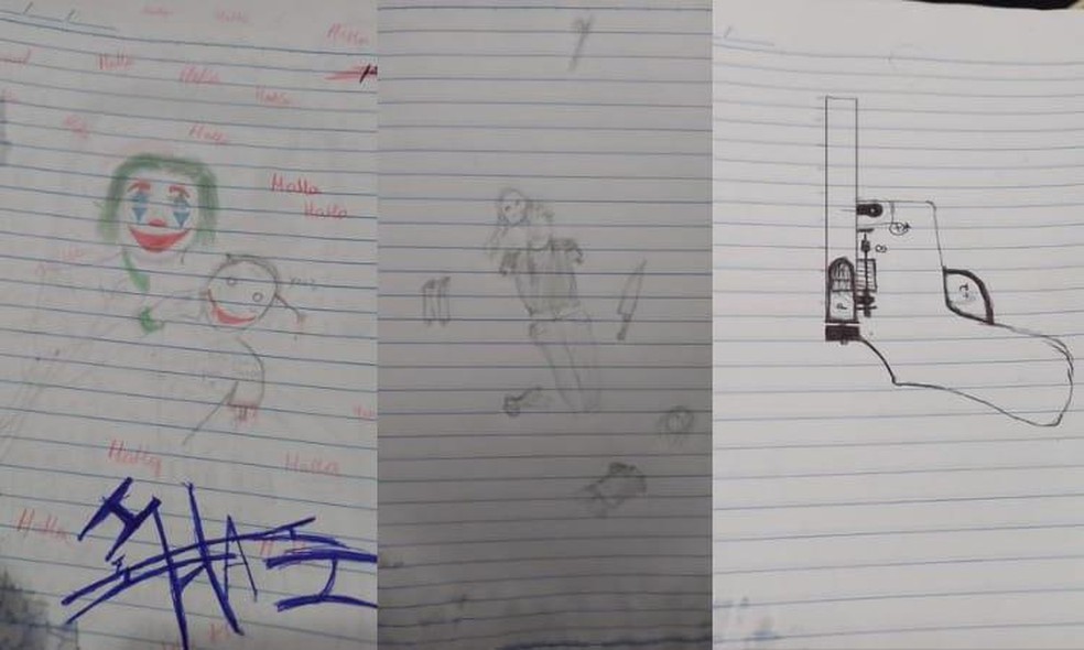 Desenhos encontrados no caderno do suspeito — Foto: Polícia Civil
