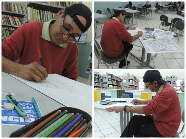 Artista fica horas em biblioteca fazendo desenhos (Foto: Caio Gomes Silveira/ G1)