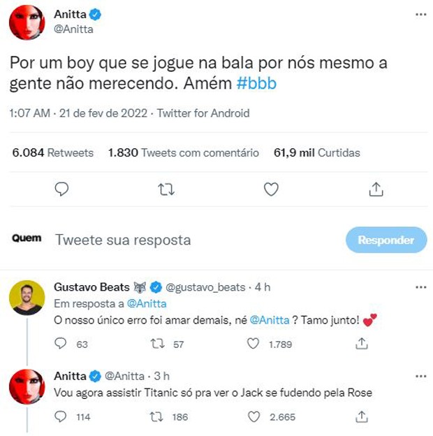 Anitta elogia Gustavo no BBB22 (Foto: Reprodução / Twitter)