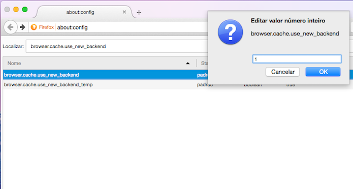 Ativando a opção browser.cache.use_new_backend no Firefox (Foto: Reprodução/Edivaldo Brito)