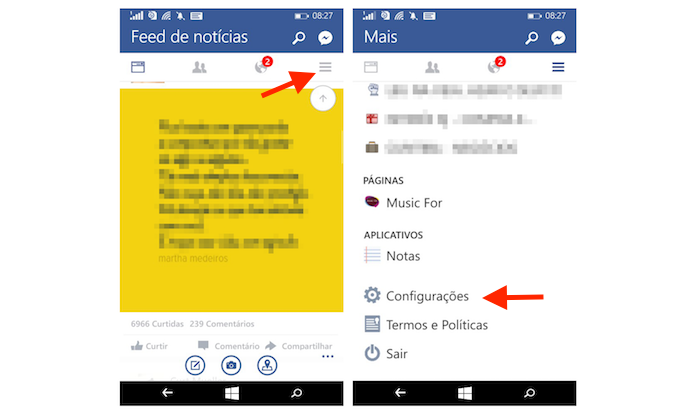 Acessando as configurações do Facebook no Windows Phone (Foto: Reprodução/Marvin Costa)
