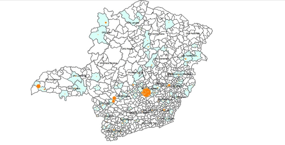 Mapa regional saúde sarampo minas — Foto: Secretaria de Estado de Saúde de Minas Gerais/Reprodução