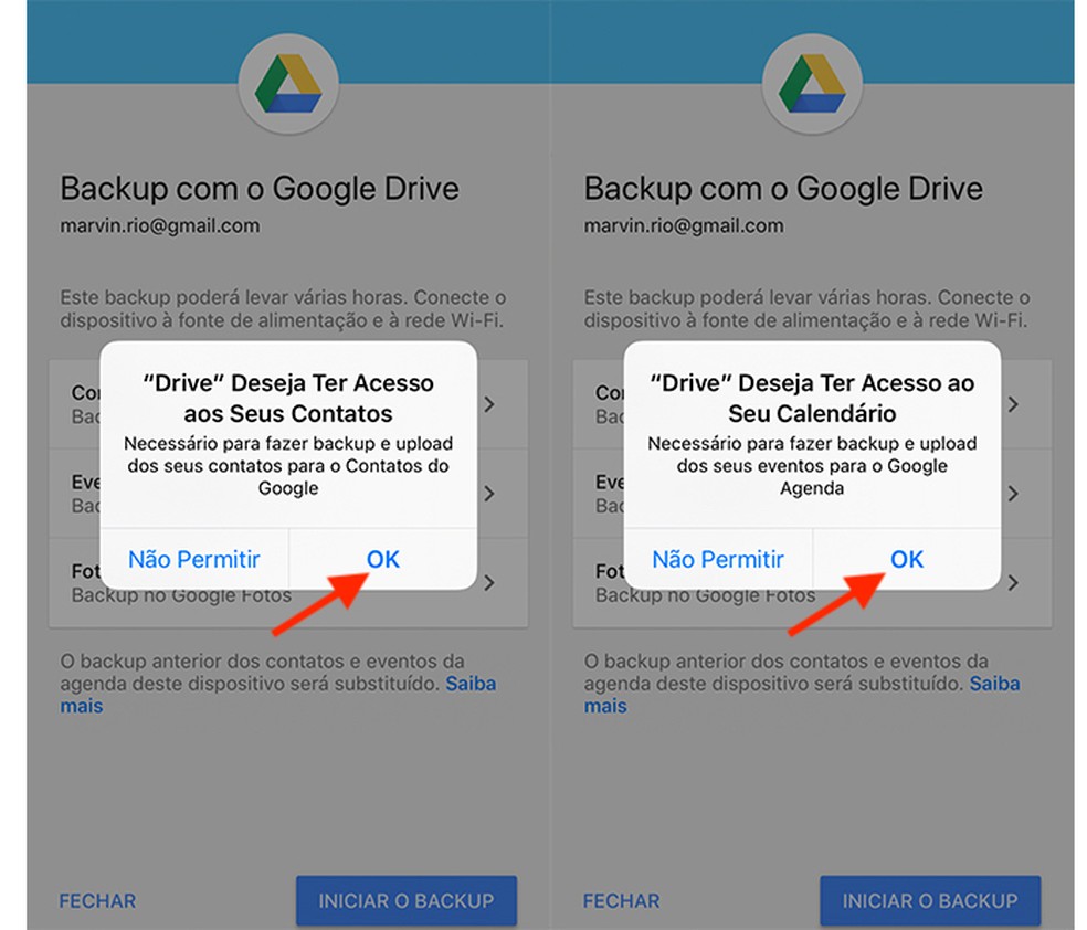 Opções para permitir que o Google Drive tenha acesso aos contatos e calendário do iPhone (Foto: Reprodução/Marvin Costa)