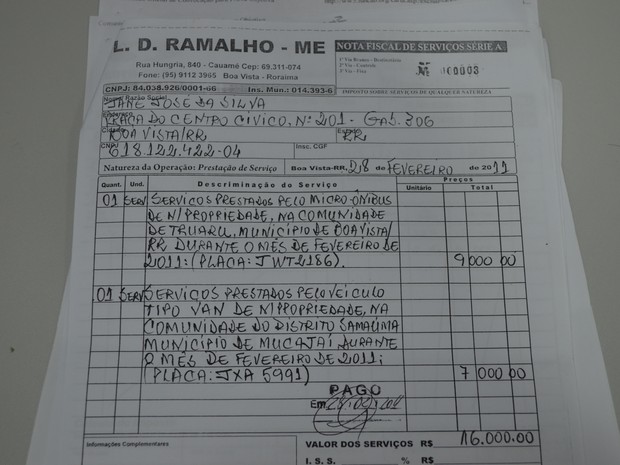 Nota fiscal da LD Ramalho para aluguel de veículos (Foto: Reprodução/Arquivo pessoal)