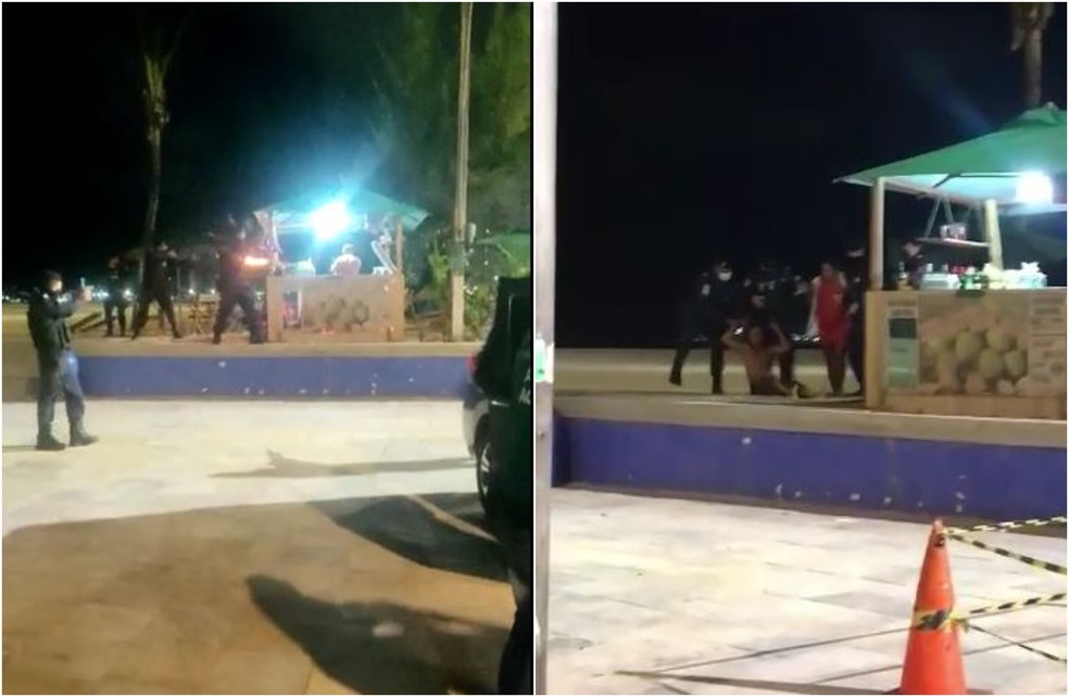 Dono de barraca foi atingido por munição de "baixa letalidade" da Guarda Municipal e foi arrastado por agentes durante abordagem na Praia de Iracema, em Fortaleza. — Foto: Reprodução
