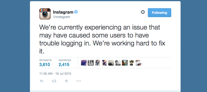 Instagram se desculpa no Twitter por problema que 'derrubou login' do aplicativo (Foto: Reprodução/Twitter)