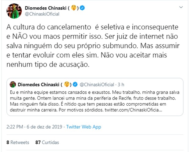 Diomedes Chinaski fala após print de assédio a menor de idade (Foto: Reprodução/Twitter)