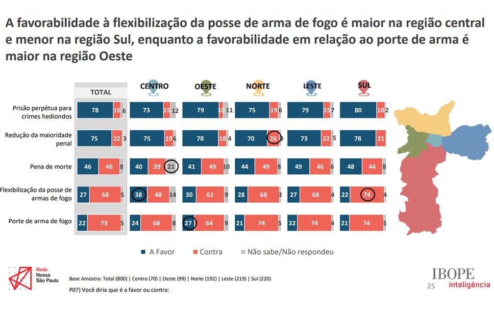 A favorabilidade à flexibilização da posse de arma de fogo é maior na região central e menor na região Sul — Foto: Divulgação/Rede Nossa SP