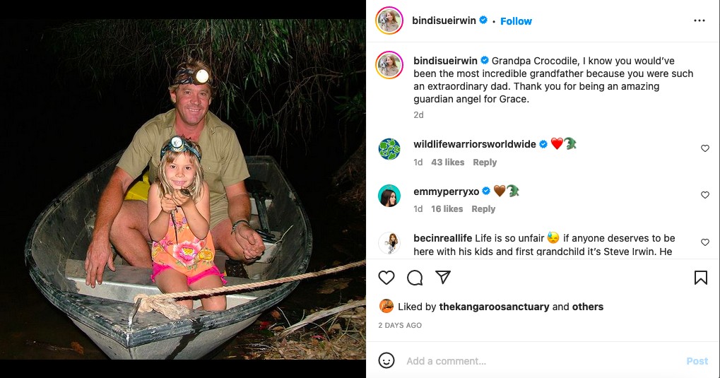 O post da filha de Steve Irwin no dia do aniversário de 16 anos da morte do naturalista (Foto: Instagram)