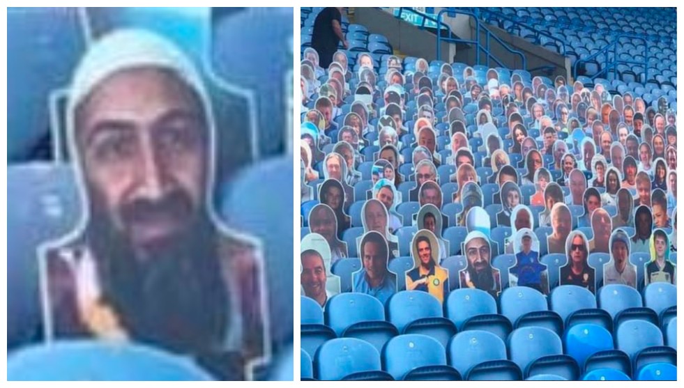 A imagem do terrorista saudita Osama Bin Laden (1957-2011) em meio aos falsos torcedores presentes no estádio do Leeds (Foto: Twitter)