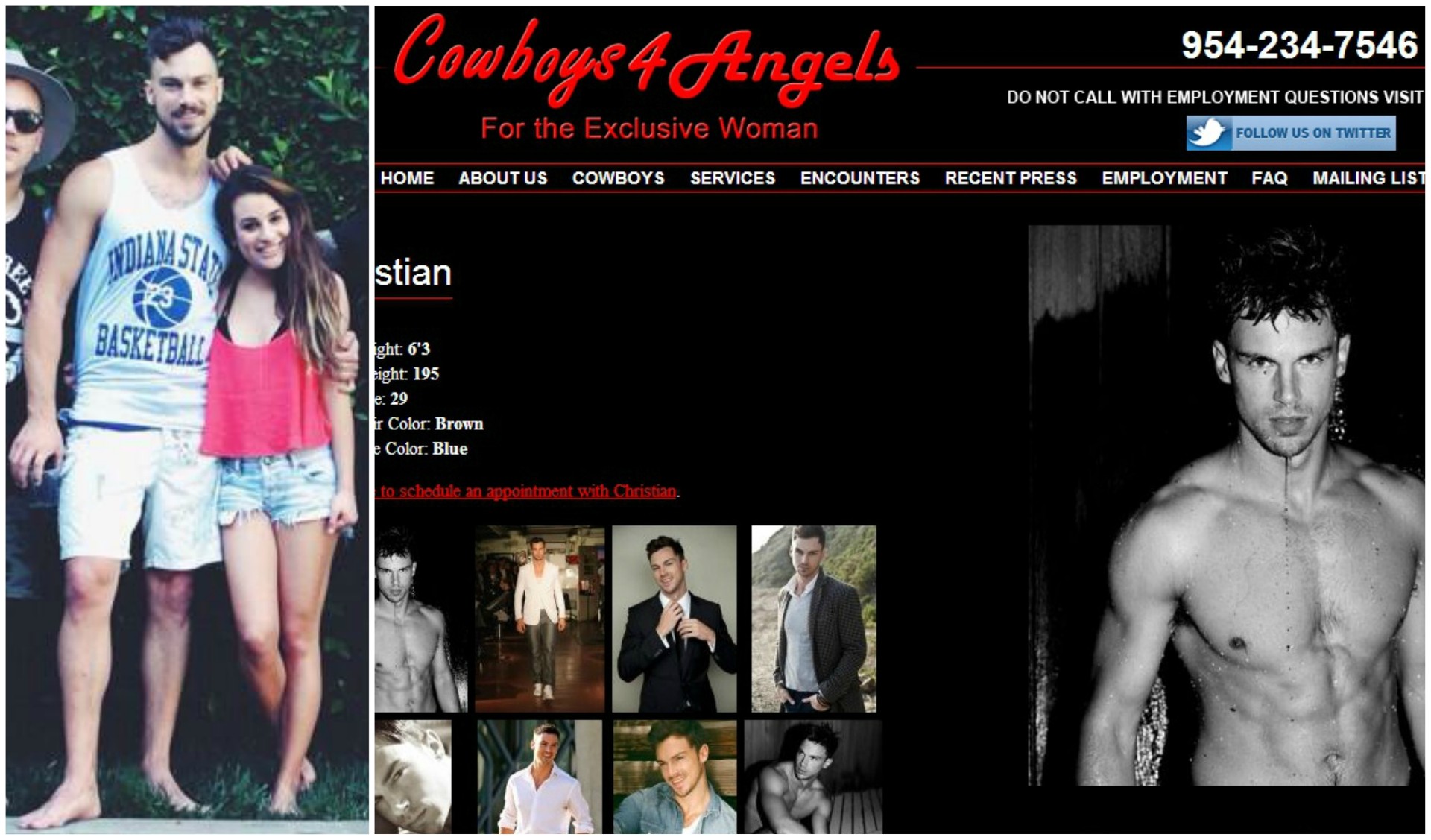 À esquerda, Lea Michele com Matthew Paetz numa foto publicada no fim de maio. À direita, o suposto perfil dele em um site de prostituição masculina. (Foto: Twitter e Reprodução)