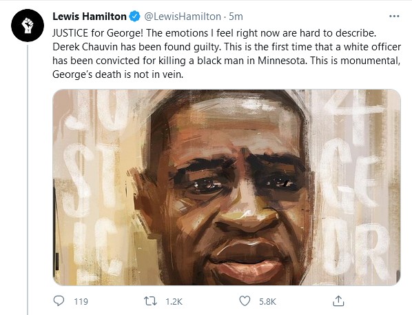 Lewis Hamilton se pronuncia sobre veredicto do caso George Floyd (Foto: Reprodução / Twitter)