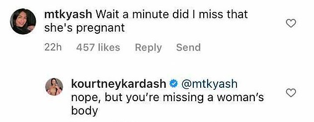 A resposta dada por Kourtney Kardashian à fã que a perguntou sobre uma possível gravidez (Foto: Instagram)