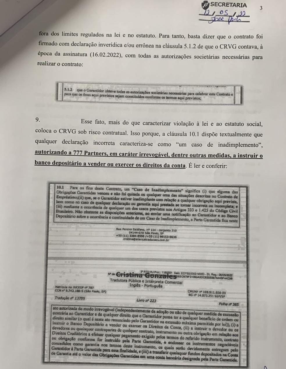 Trecho do documento protocolado pela oposição do Vasco sobre o empréstimo da 777 — Foto: ge