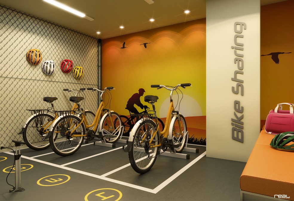O prédio também possui Bike Sharing,  um espaço com bicicletas do condomínio que podem ser utilizadas pelos moradores — Foto: Divulgação