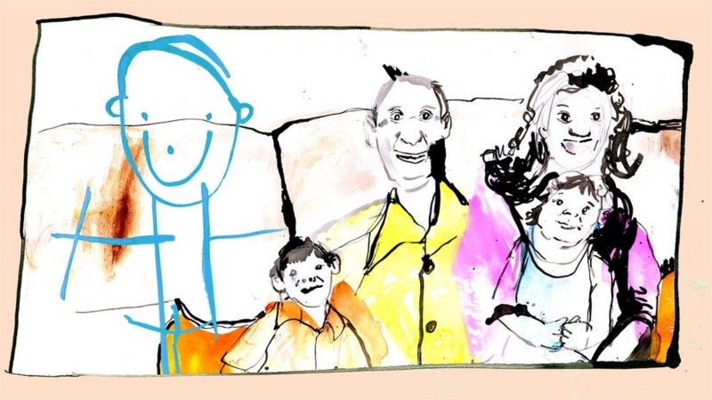 Menino se desenhou em foto de família (Foto: ilustração Katie Horwich/Reprodução BBC News)