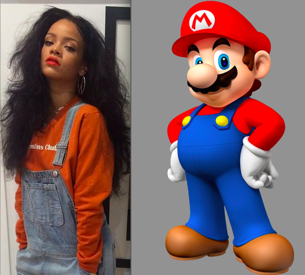 E Rihanna, claro, com look parecido ao do protagonista, Mario (Foto: Reprodução)