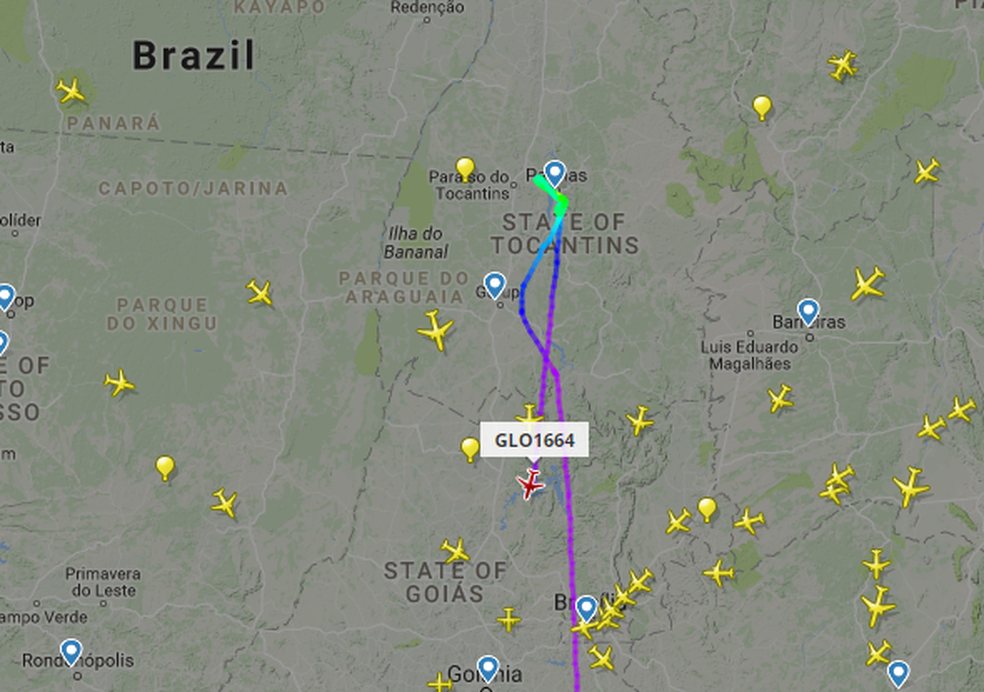 Avião precisou ir até Brasília depois de não conseguir pousar em Palmas (Foto: Reprodução/FlightRadar)
