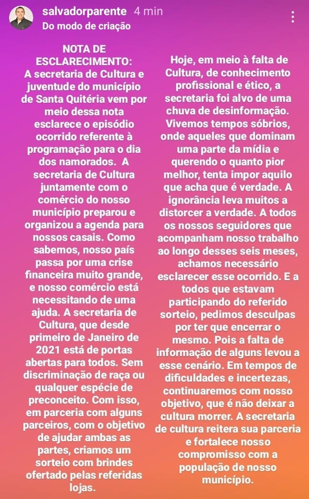 Secretário de Cultura da cidade de Santa Quitéria, Salvador Parente, divulga nota de esclarecimento após polêmica com sorteio. — Foto: Instagram/ Reprdução