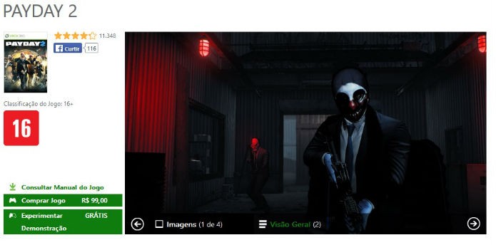 Página de Payday 2 na Xbox LIVE Marketplace (Foto: Reprodução/André Mello)