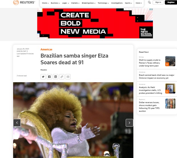 Morte de Elza Soares repercute na Reuters (Foto: Reprodução)