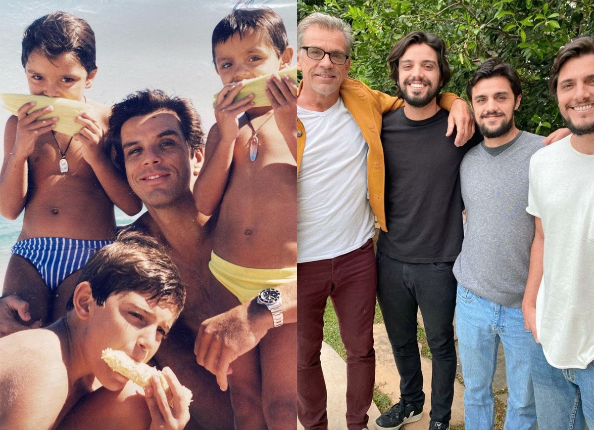 Rodrigo Simas, Beto Simas, Felipe Simas e Bruno Gissoni (abaixo) em foto antiga, e o quarteto atualmente (Foto: Reprodução/Instagram)