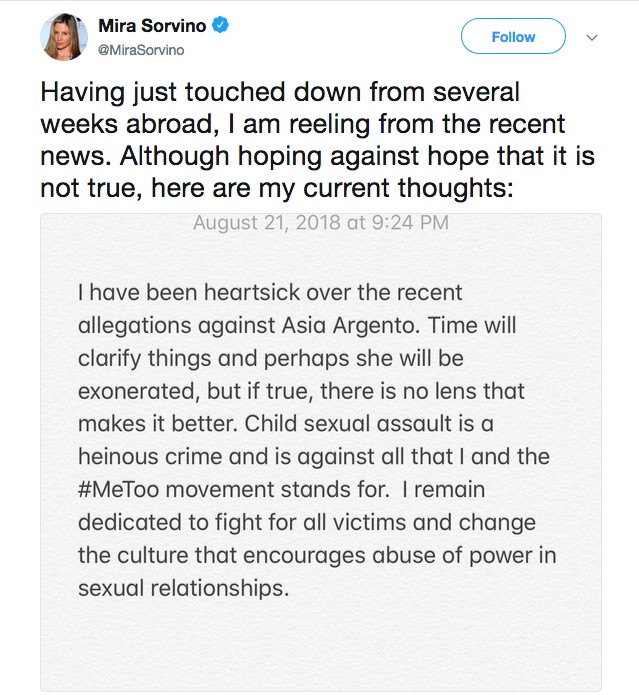 A mensagem compartilhada pela atriz Mira Sorvina sobre as acusações contra Asia Argento (Foto: Twitter)