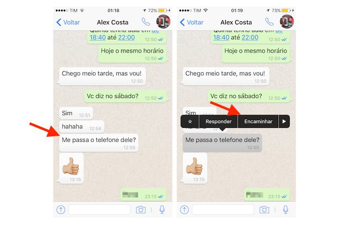 Função para encaminhamento de mensagens do WhatsApp para iPhone (Foto: Reprodução/Marvin Costa)