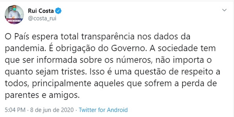 Rui Costa se manifestou em rede social sobre divulgação de dados da Covid-19 — Foto: Reprodução