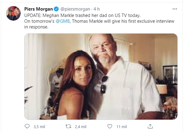Piers Morgan anuncia entrevista com Thomas Markle (Foto: Reprodução Twitter )