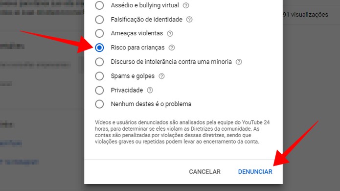 Selecione um tipo de violação cometida pelo dono do canal e denuncie (Foto: Reprodução/Paulo Alves) Selecione um tipo de violação cometida pelo dono do canal e denuncie (Foto: Reprodução/Paulo Alves)