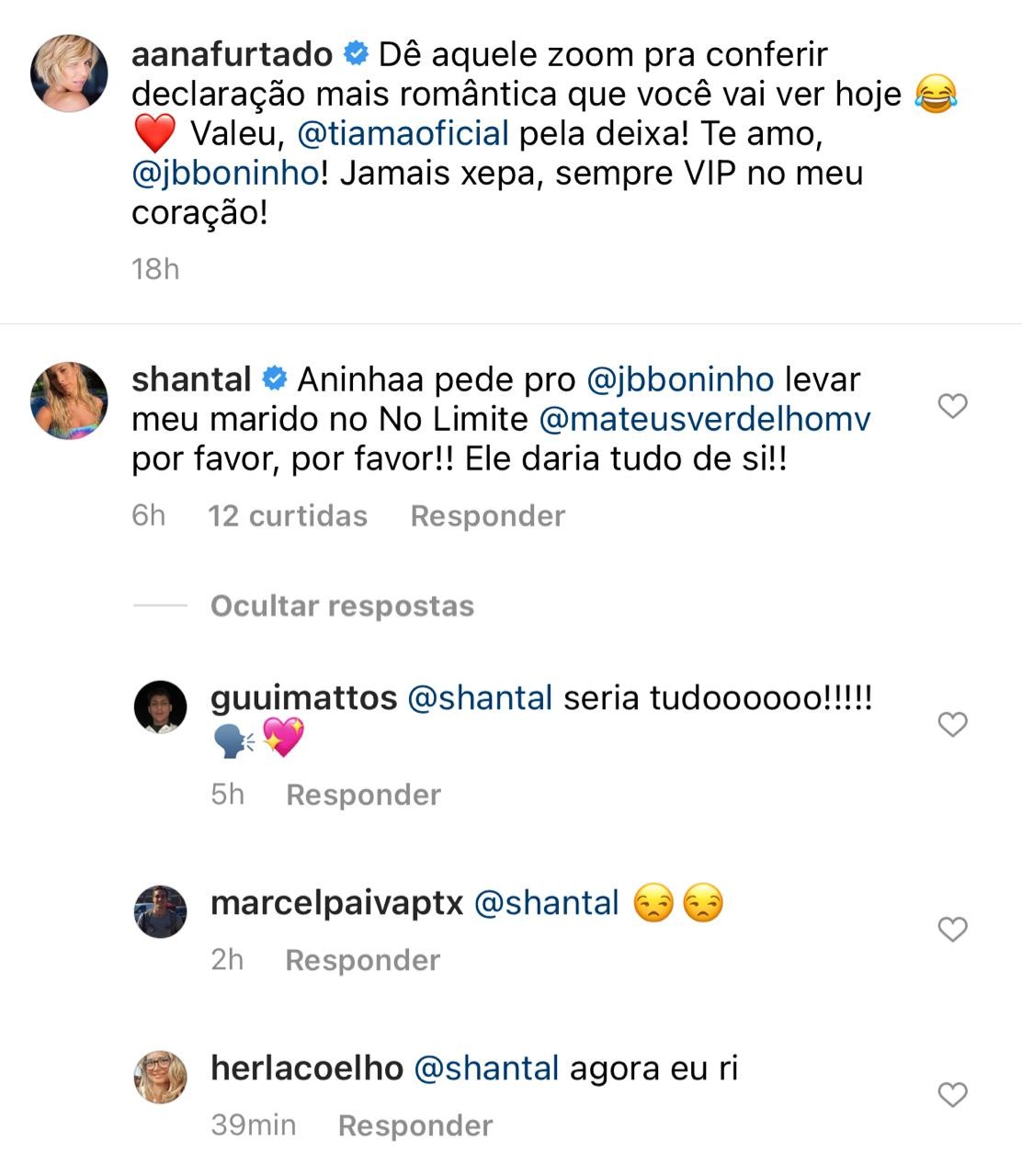Shantal pede que Ana Furtado interceda por Mateus Verdelho no No Limite (Foto: Reprodução/Instagram)