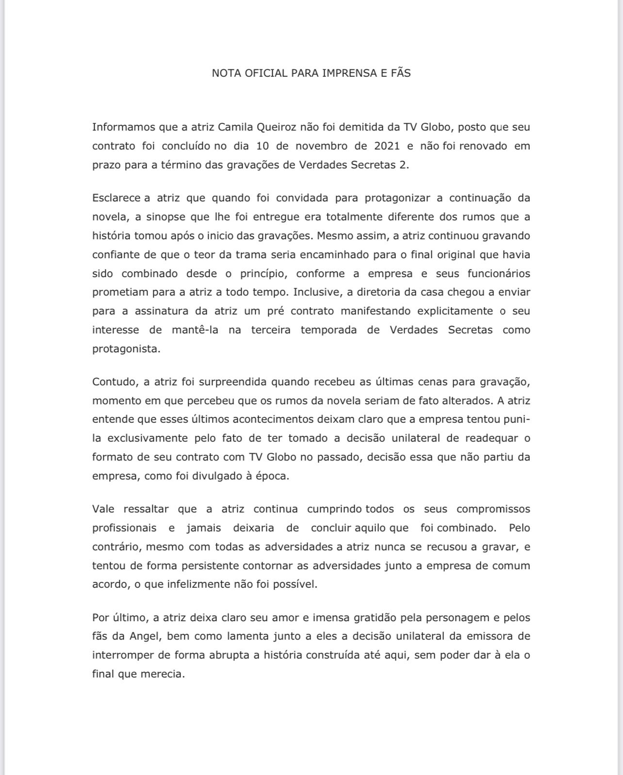 Camila Queiroz se pronuncia após deixar Verdades Secretas 2 (Foto: Reprodução/Instagram)