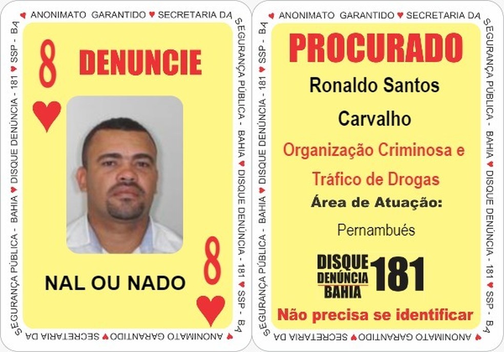 Investigados por organização criminosa e tráfico são inclusos no 'Baralho do Crime' da polícia baiana — Foto: Divulgação/SSP-BA