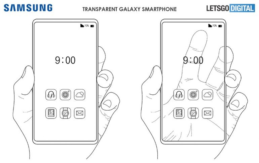 Projeto da Samsung poderá inserir uma tela transparente aos smartphones do futuro  — Foto: Reprodução/LetsGoDigital