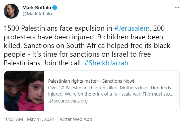 Mark Ruffalo comenta conflito entre Israel e Palestina (Foto: Reprodução / Twitter)